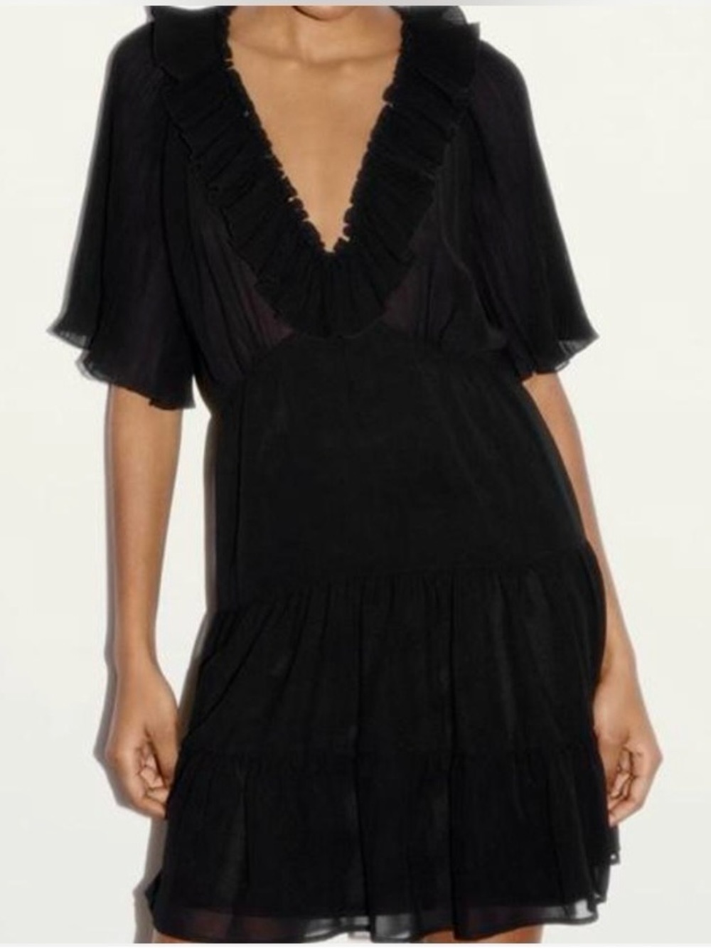 ZARA Sheer Ruffle V-Neck Pleated Tiered Mini Dress in Black - M